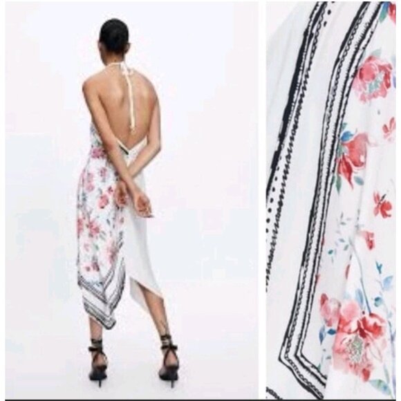 ZARA Combined Asymmetric Halter V-Neck Dress Rose Print Black/White/Red Sz S - Picture 9 of 10